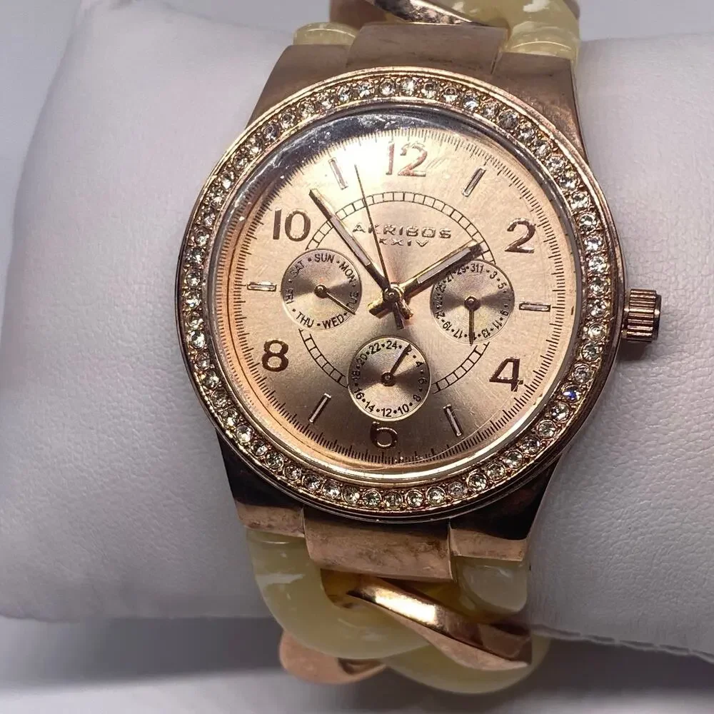 Akribos XXIV Rose Gold-Tone Stainless Steel Chain Style Watch – New Battery